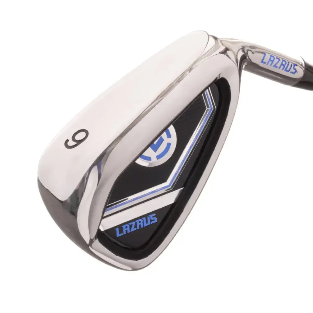 Lazrus golf iron club number 9 with silver, black, and blue design on white background