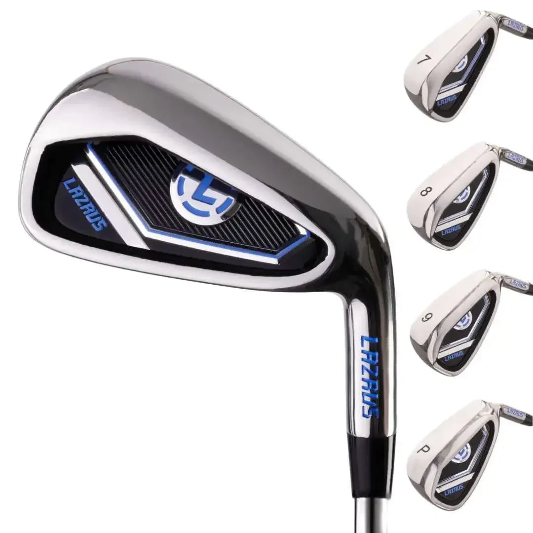 Lazrus golf iron set with polished chrome finish featuring 7, 8, 9 irons and pitching wedge