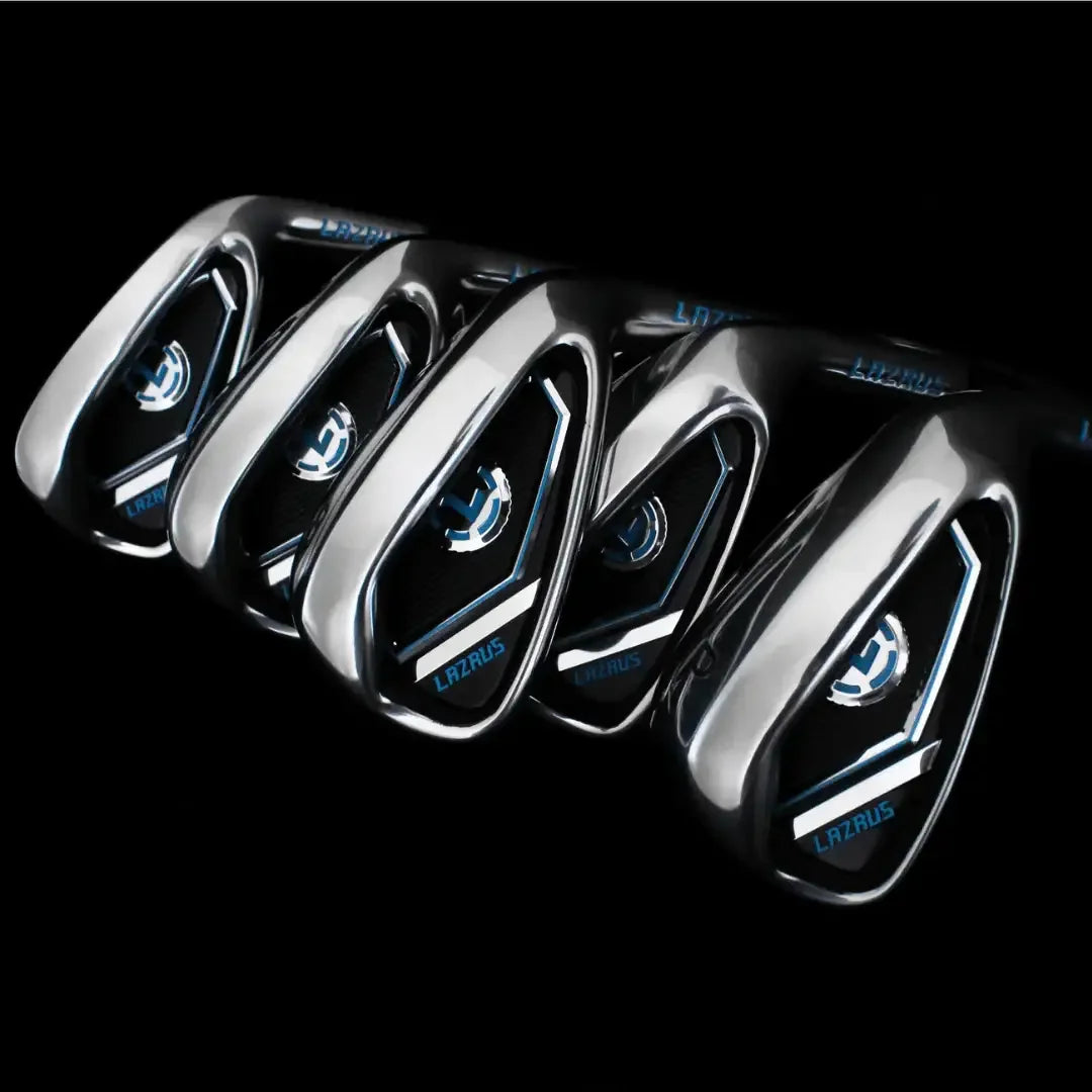 Set of Lazrus golf irons with metallic finish and blue accents isolated on black background