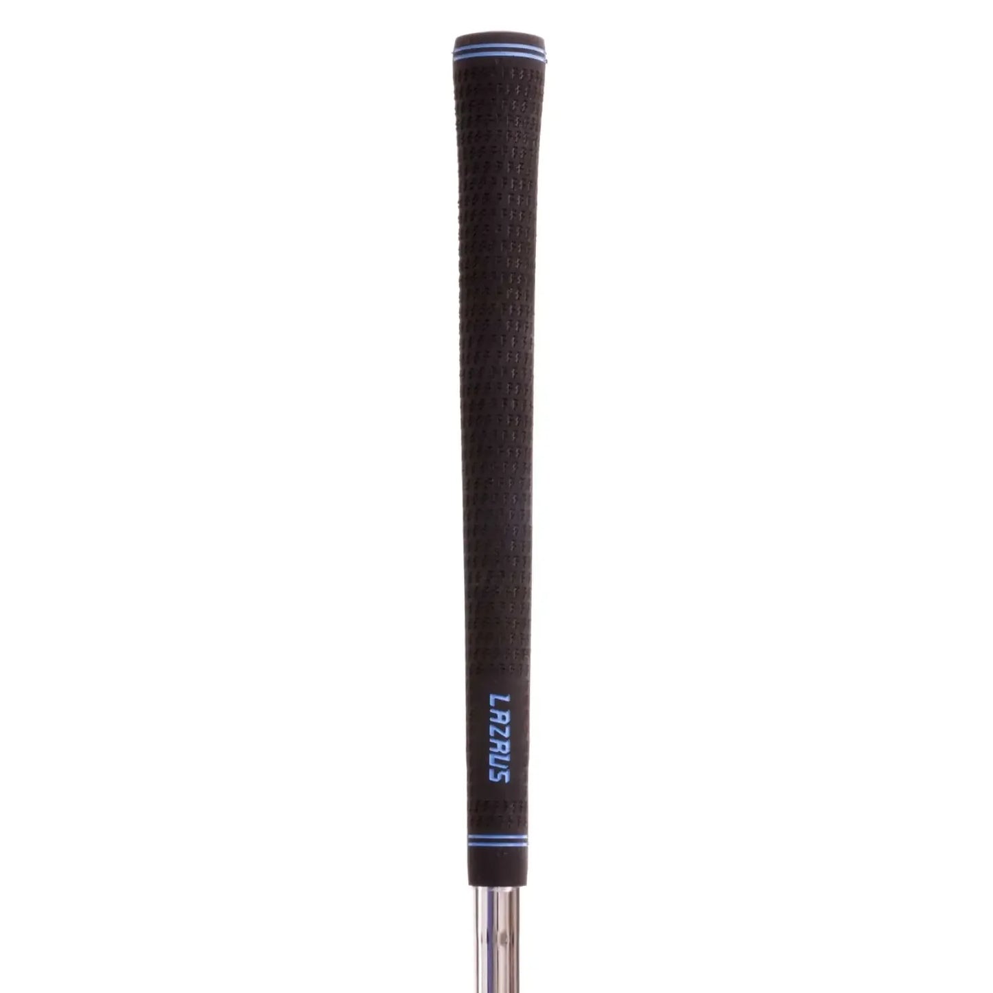 Close-up of a black Lazrus golf club grip with blue accents on a chrome shaft