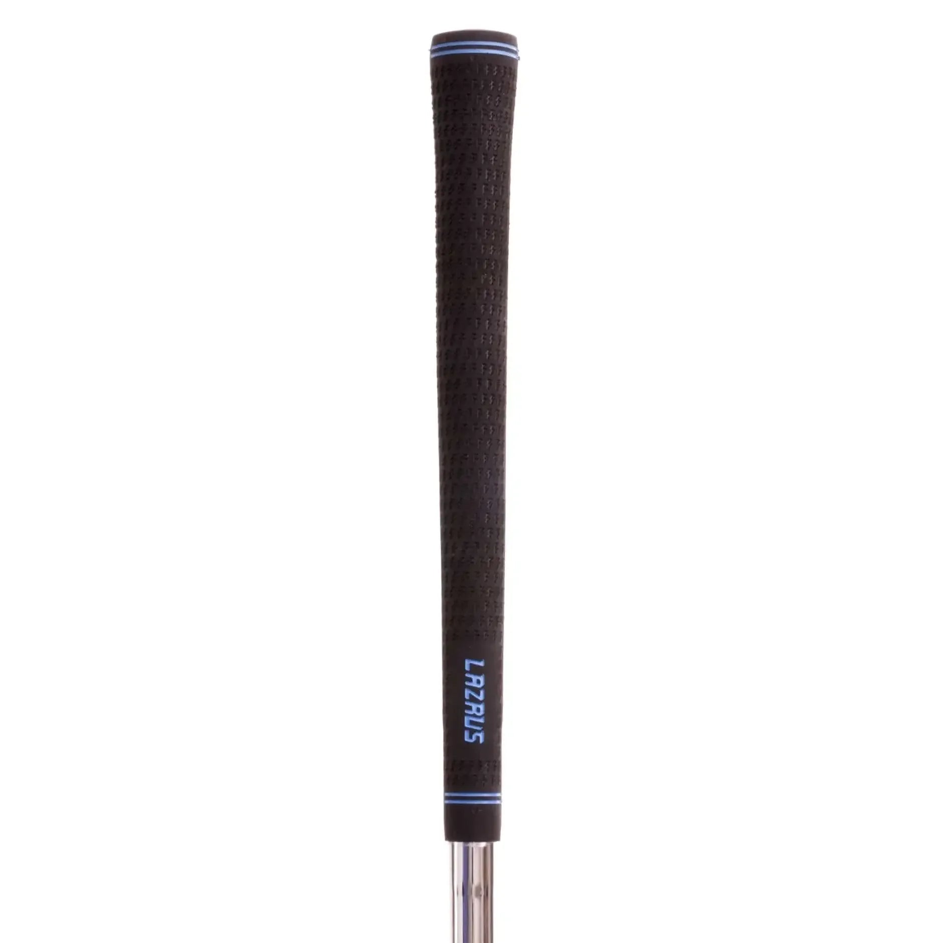 Close-up of a black Lazrus golf club grip with blue accents on a chrome shaft