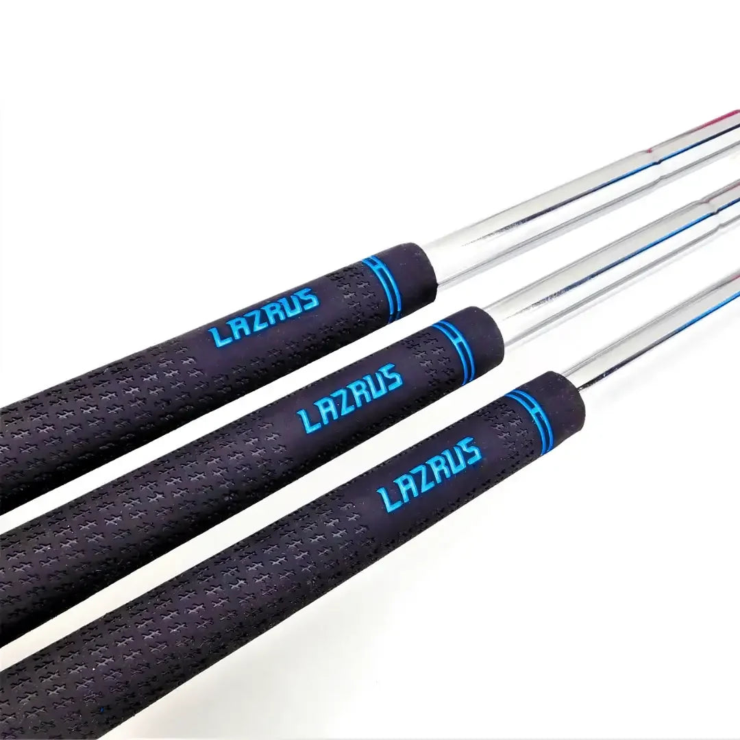 Three Lazrus golf irons with black textured grips and blue branding on chrome shafts