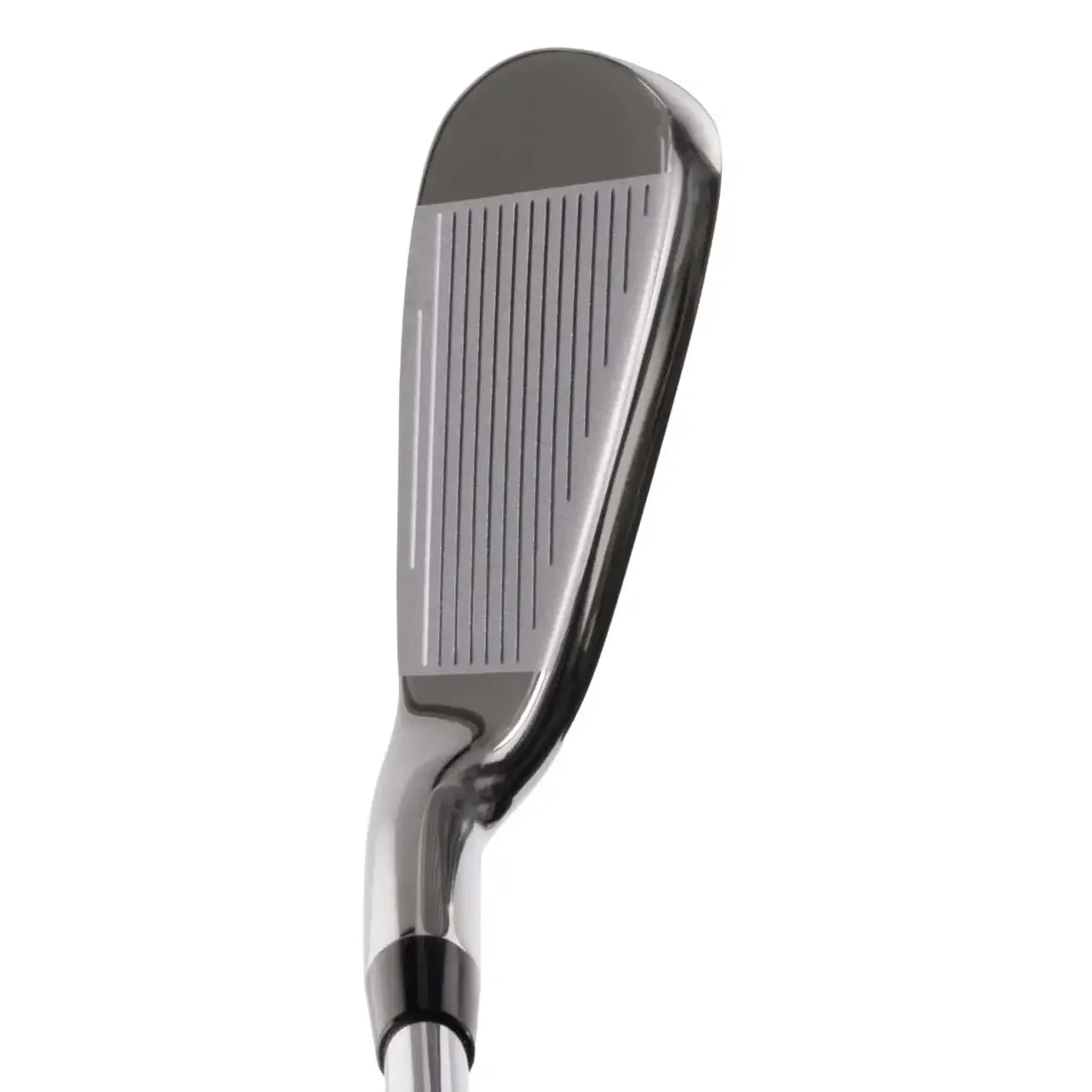 Close-up of a sleek steel golf iron club head with grooves on the clubface