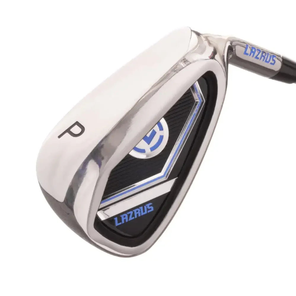 Lazrus golf pitching iron club with black and blue detailing and chrome finish
