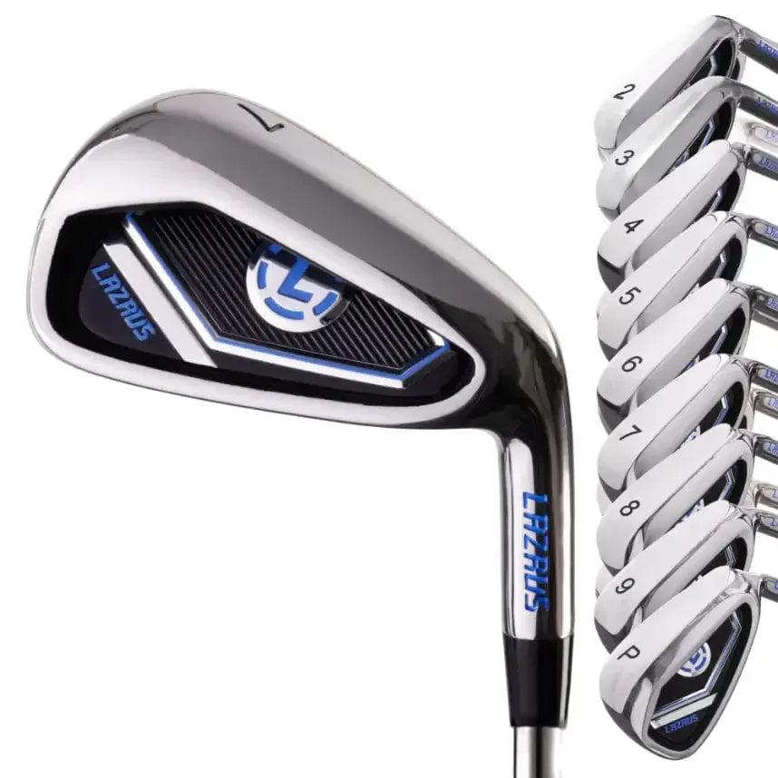 Lazrus golf irons set 2 to 9 and pitching wedge with chrome finish and blue branding