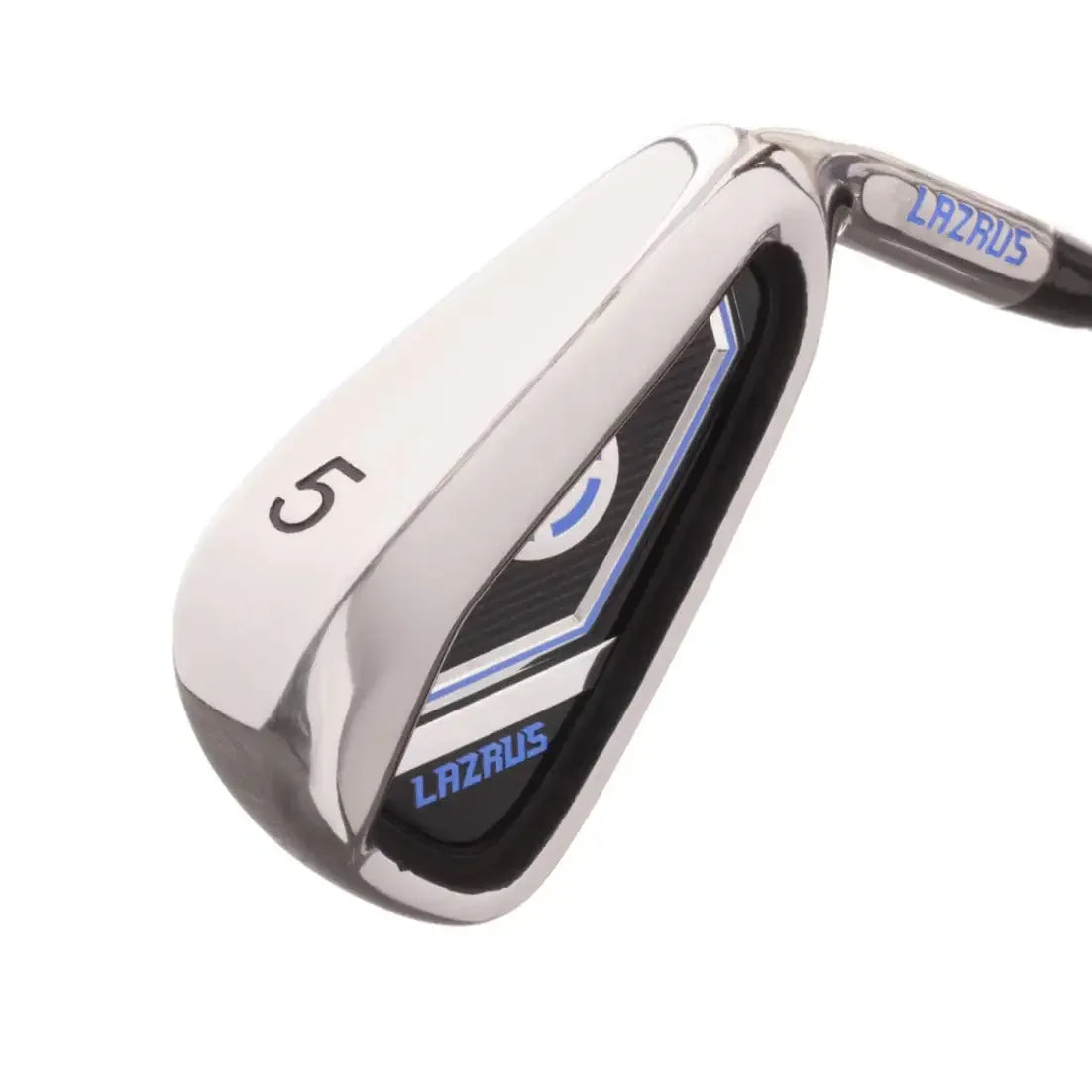 Lazrus 5 iron golf club with chrome finish and black blue detailing on white background
