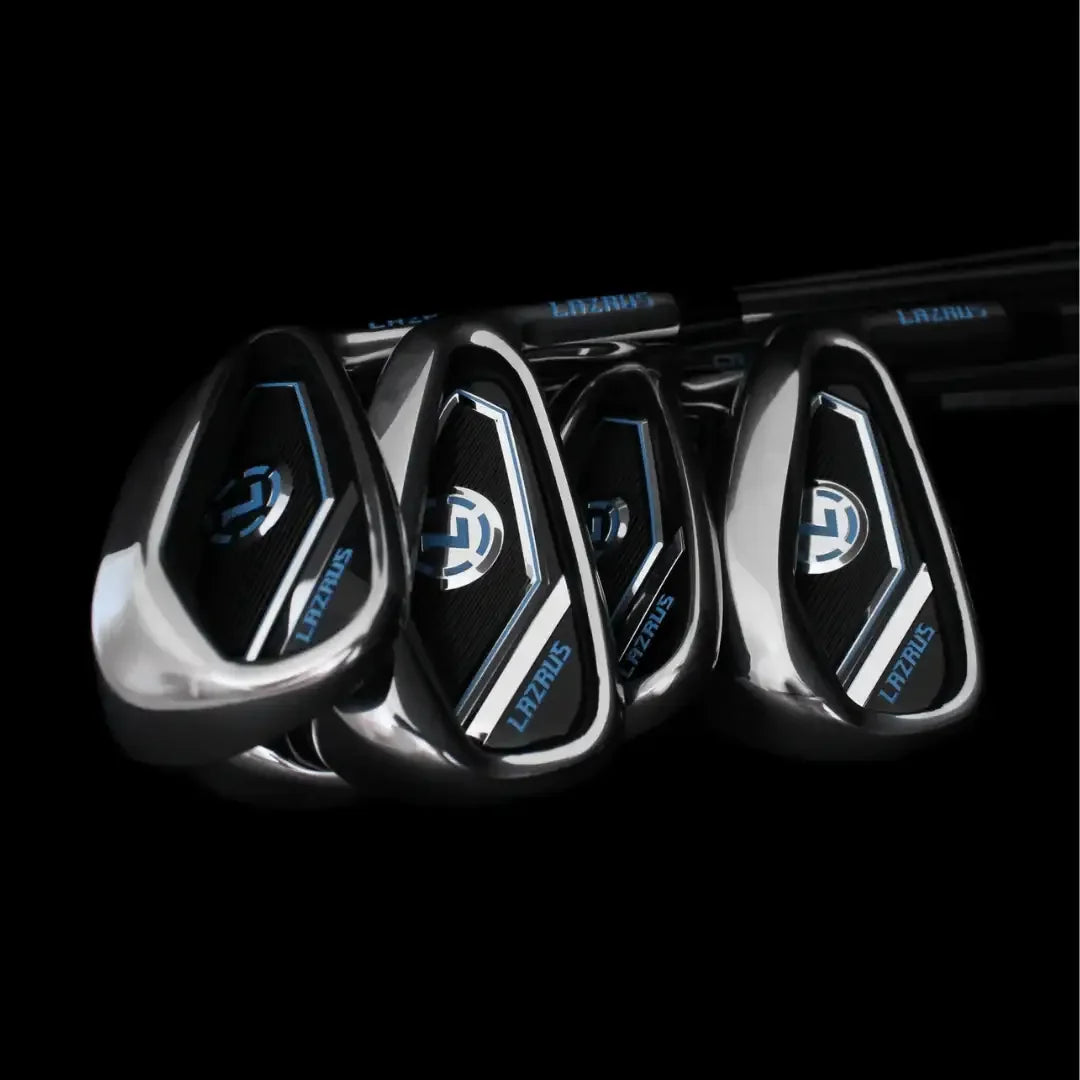 Lazrus golf irons set with sleek black and blue design on black background