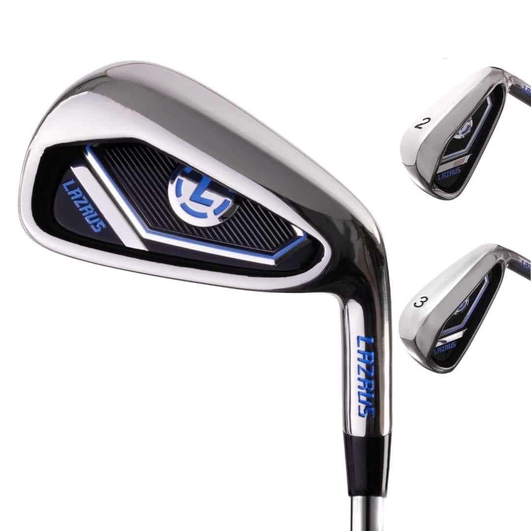 Lazrus golf irons set, polished chrome clubs labeled 2 and 3 with blue and black detailing