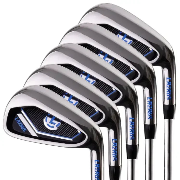 Set of six Lazrus golf irons with chrome finish and black-blue detailing on club heads