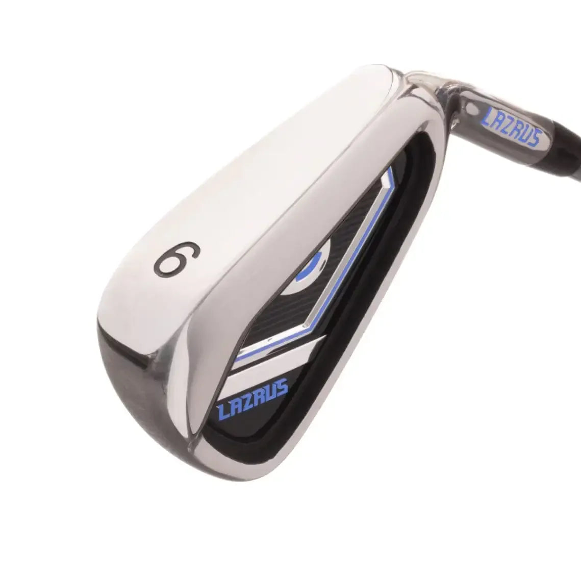 Lazrus 6 iron golf club with silver and black design and blue accents