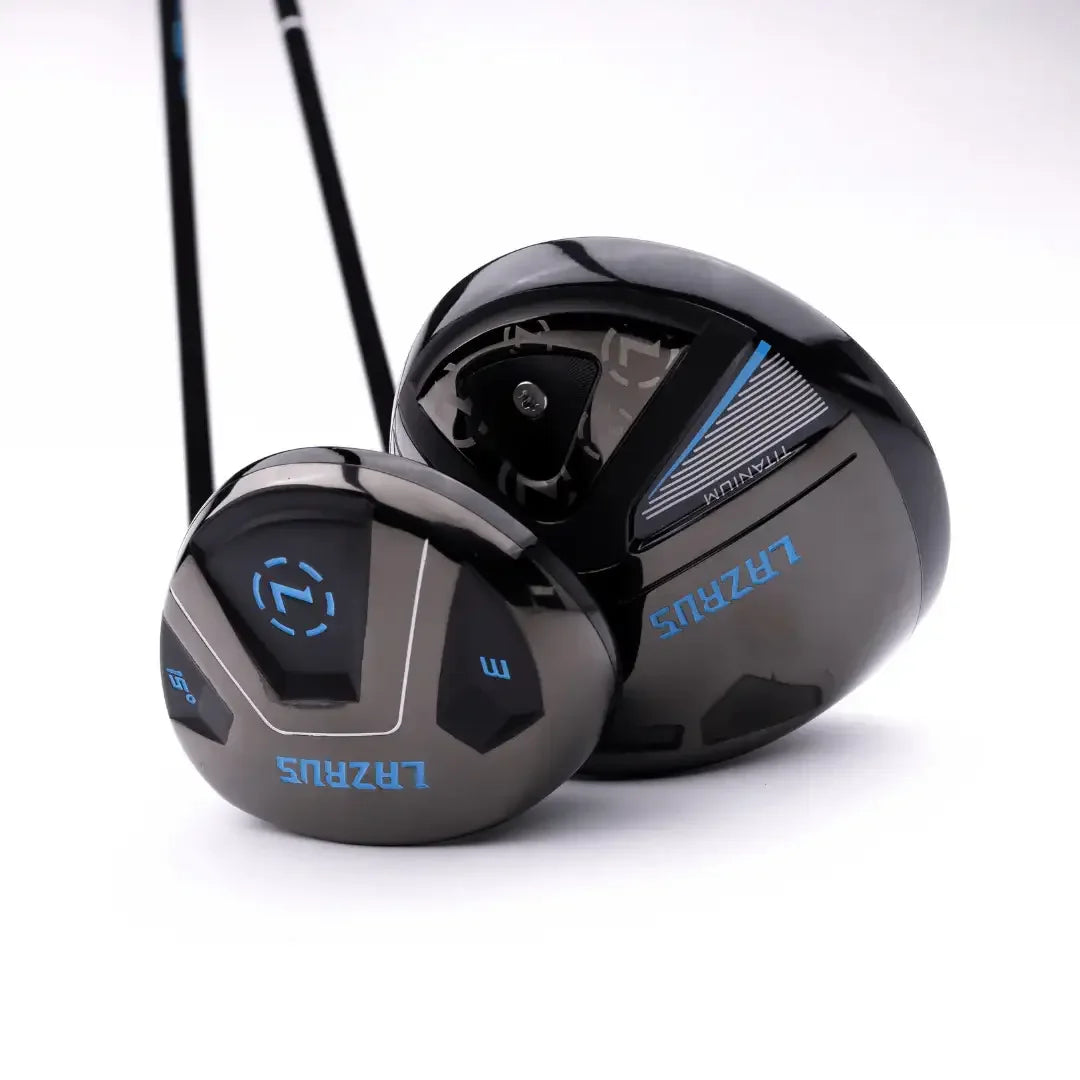 Black Lazrus adjustable golf driver and fairway wood with blue branding on white background