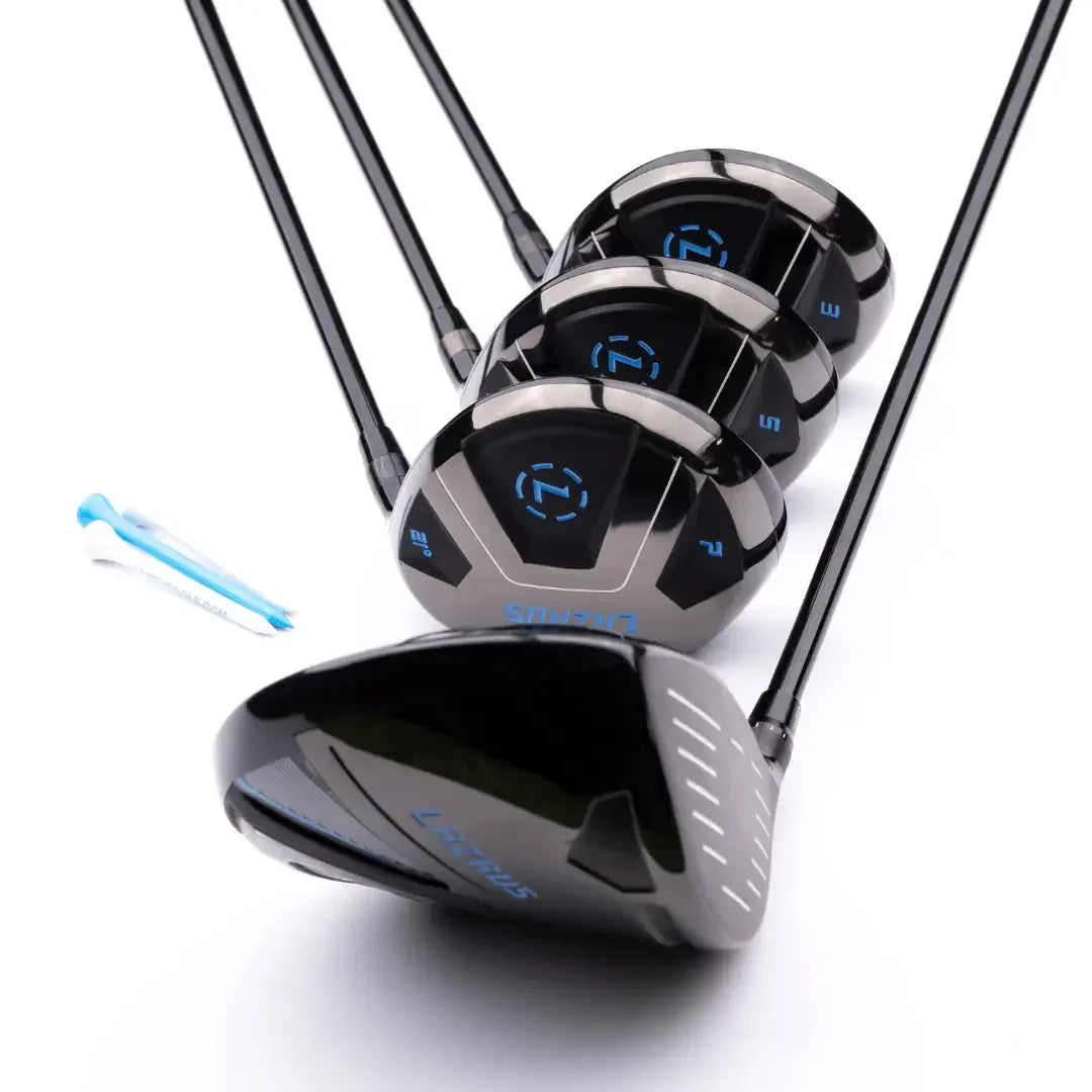 Lazrus adjustable golf driver and fairway wood clubs with black shafts and blue accents on white background