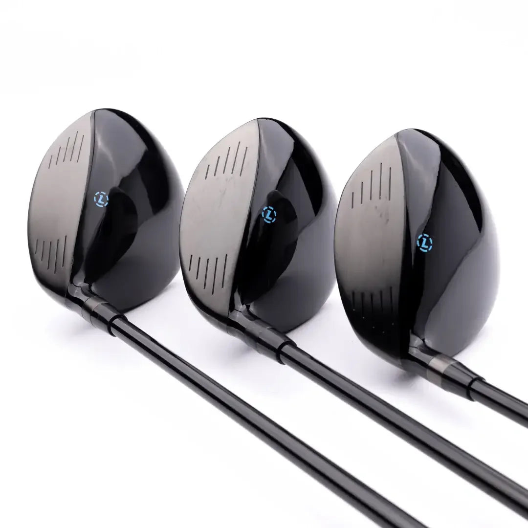 Three black golf clubs with silver faces and blue L logos, adjustable driver and fairway woods