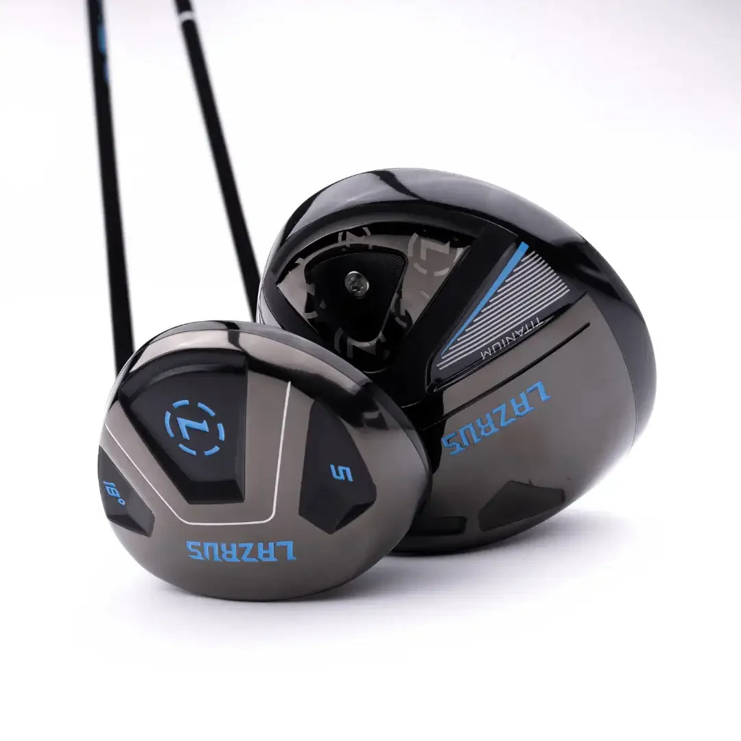 Lazrus adjustable golf driver and fairway wood clubs with black and blue design on white background
