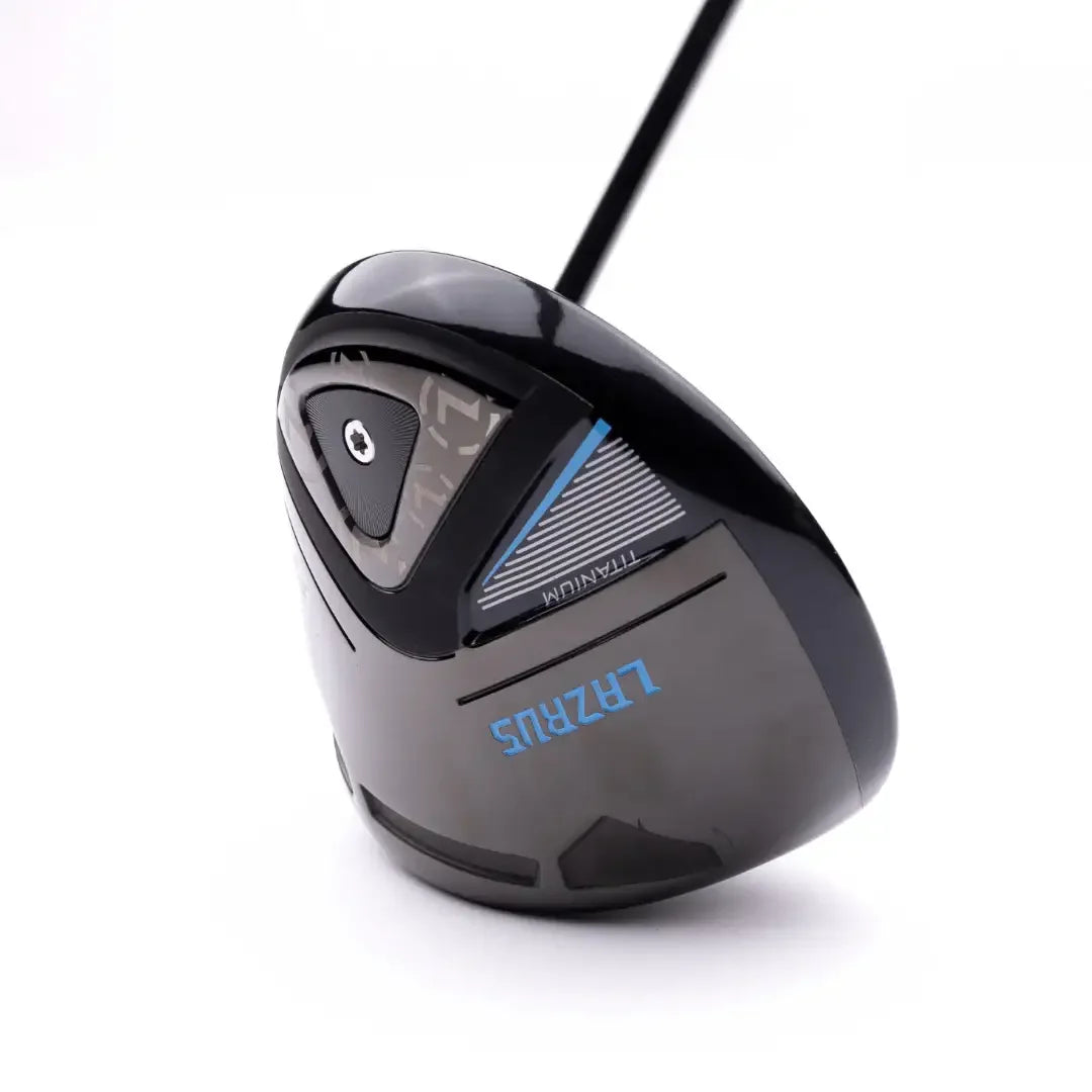 Black Lazrus adjustable titanium golf driver with blue logo on white background