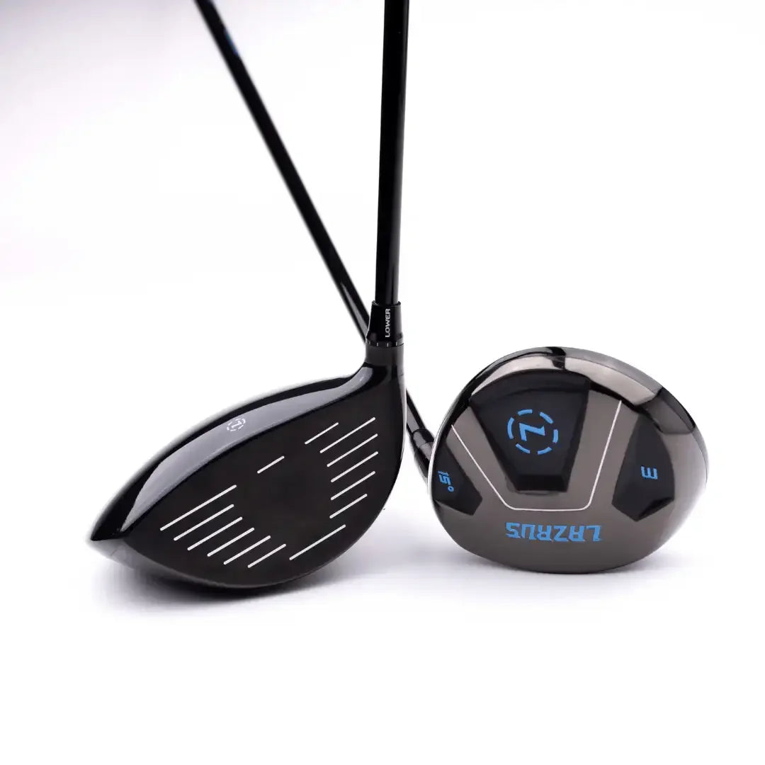 Lazrus adjustable golf driver and fairway wood clubs with black shafts on white background