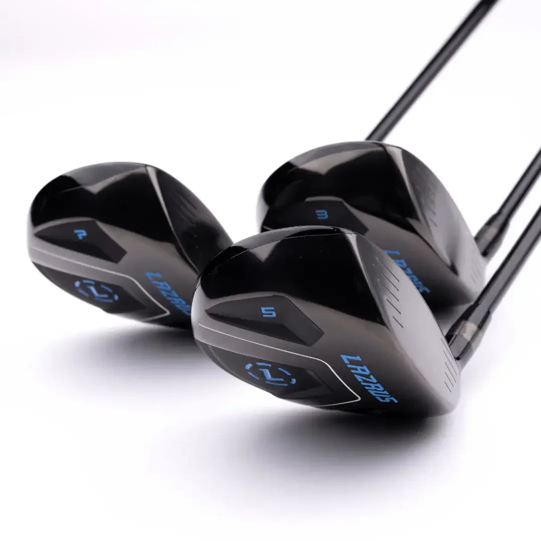 Lazrus adjustable golf driver and fairway wood set with black heads and blue branding on white background