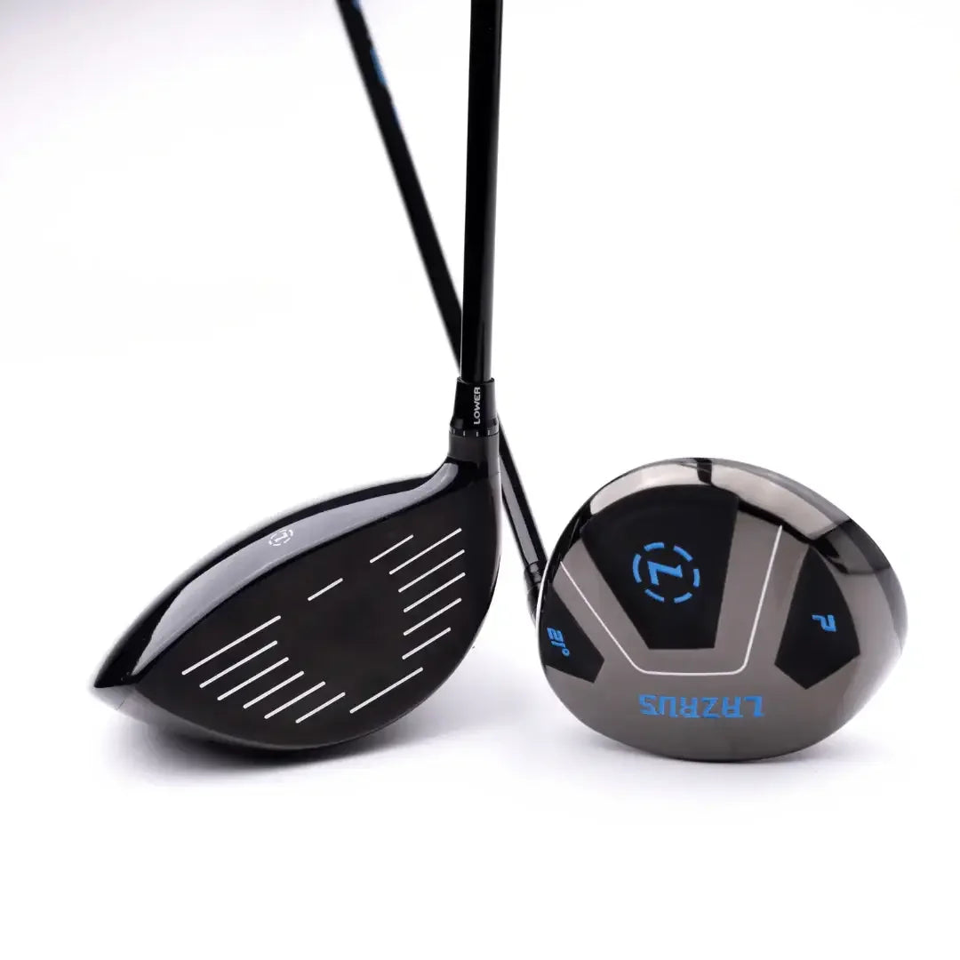 Lazrus adjustable golf driver and 2-wood club with black and blue design on white background