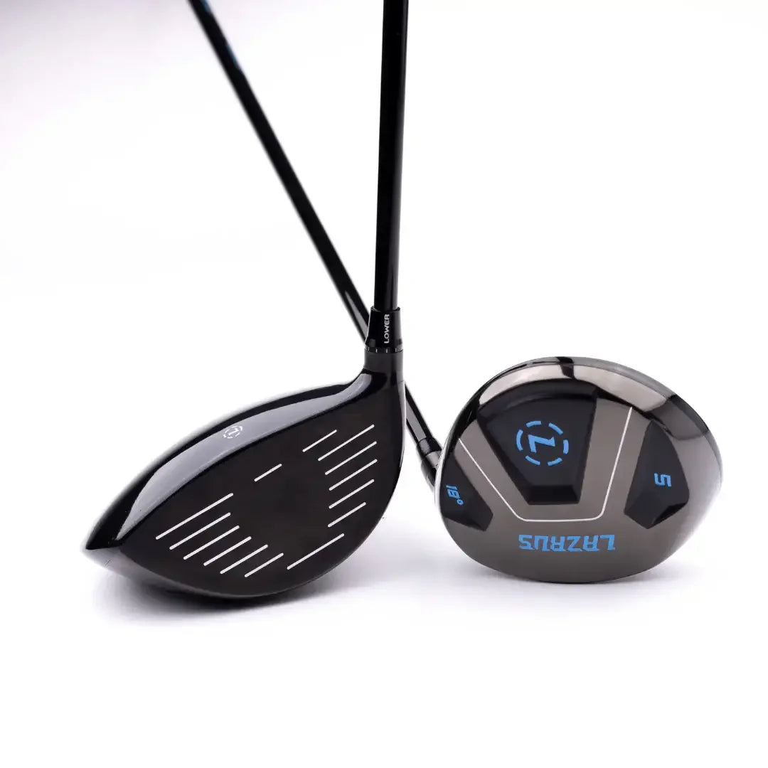 Lazrus adjustable golf driver and 5-wood club heads with black shafts on white background