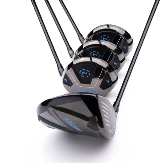 Set of four Lazrus golf clubs including adjustable driver and fairway woods numbered 2, 5, and 3