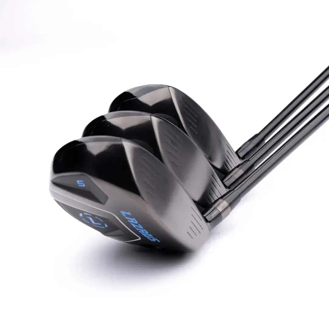Set of three black Lazrus adjustable golf clubs including driver and fairway woods