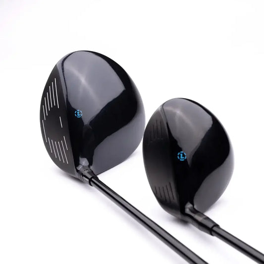 Lazrus adjustable golf driver and fairway wood clubs with black glossy heads and blue logo