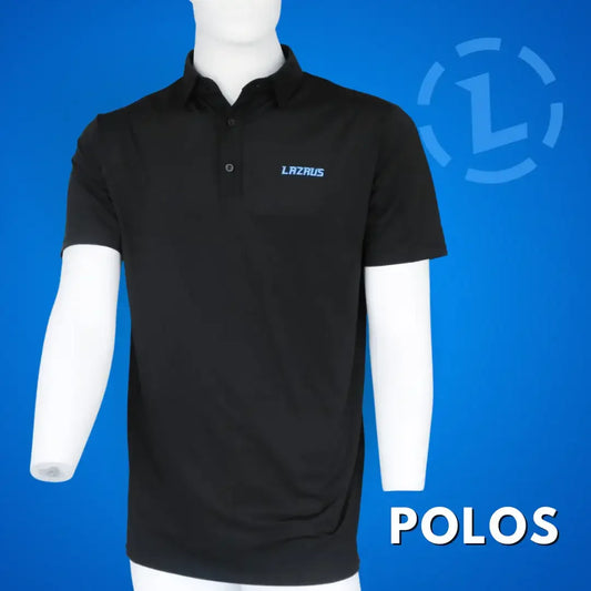 Black Lazrus golf polo shirt on mannequin with blue background and Lazrus logo