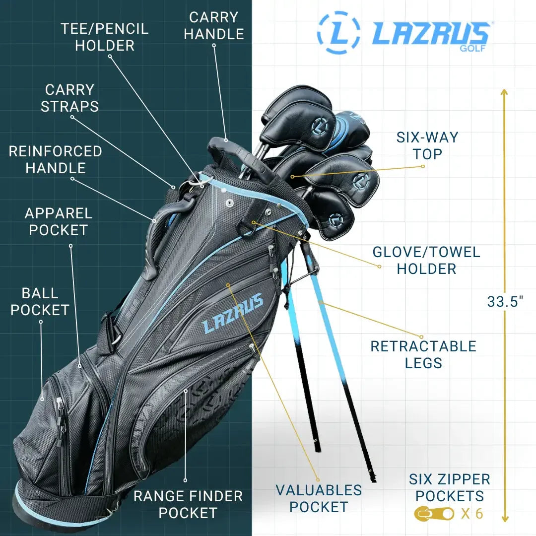 Black Lazarus premium golf bag with six-way top, multiple pockets, reinforced handle, and retractable legs