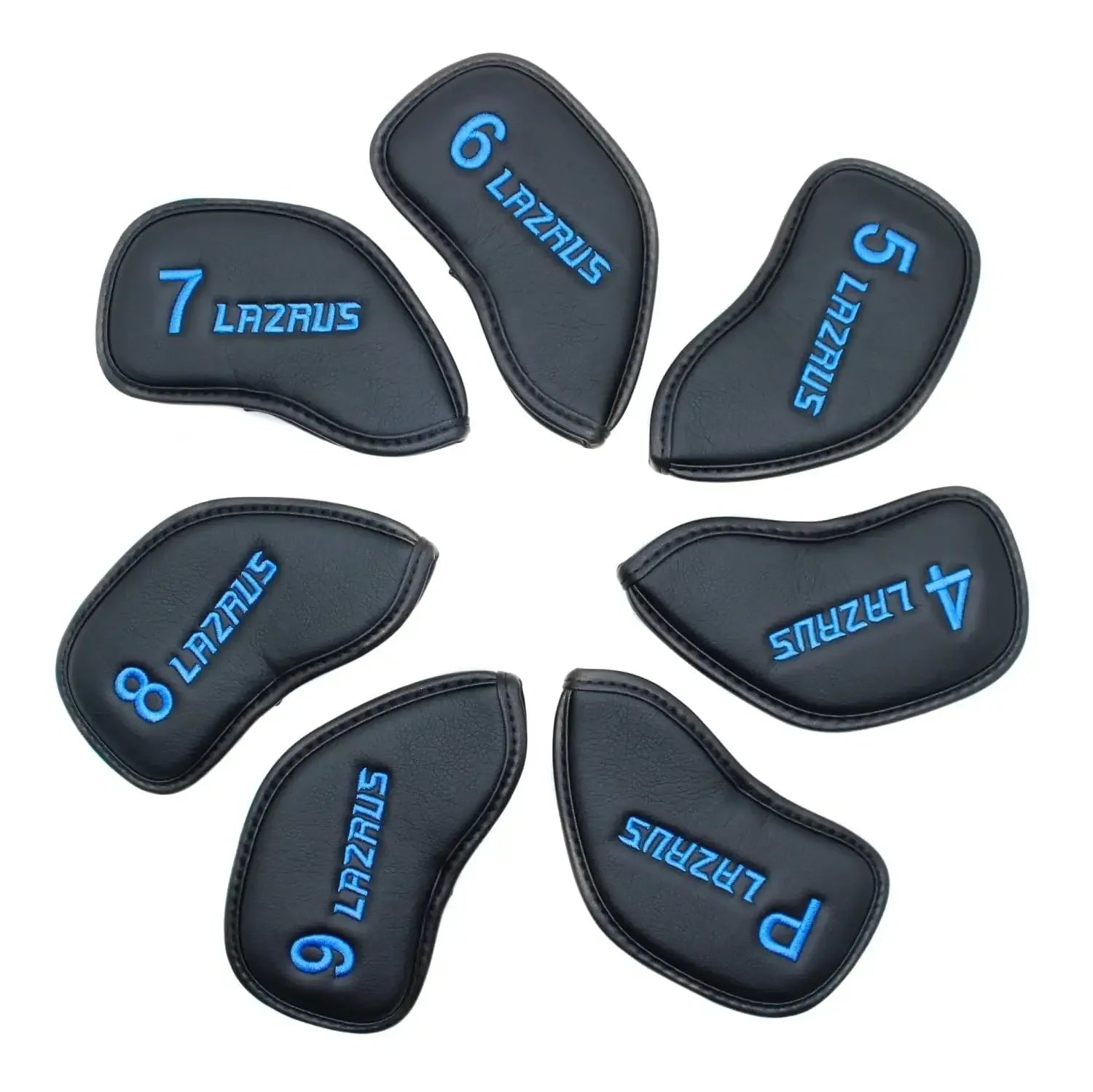 Set of seven black Lazrus premium golf head covers for wedges and irons numbered 4 to 9 plus P