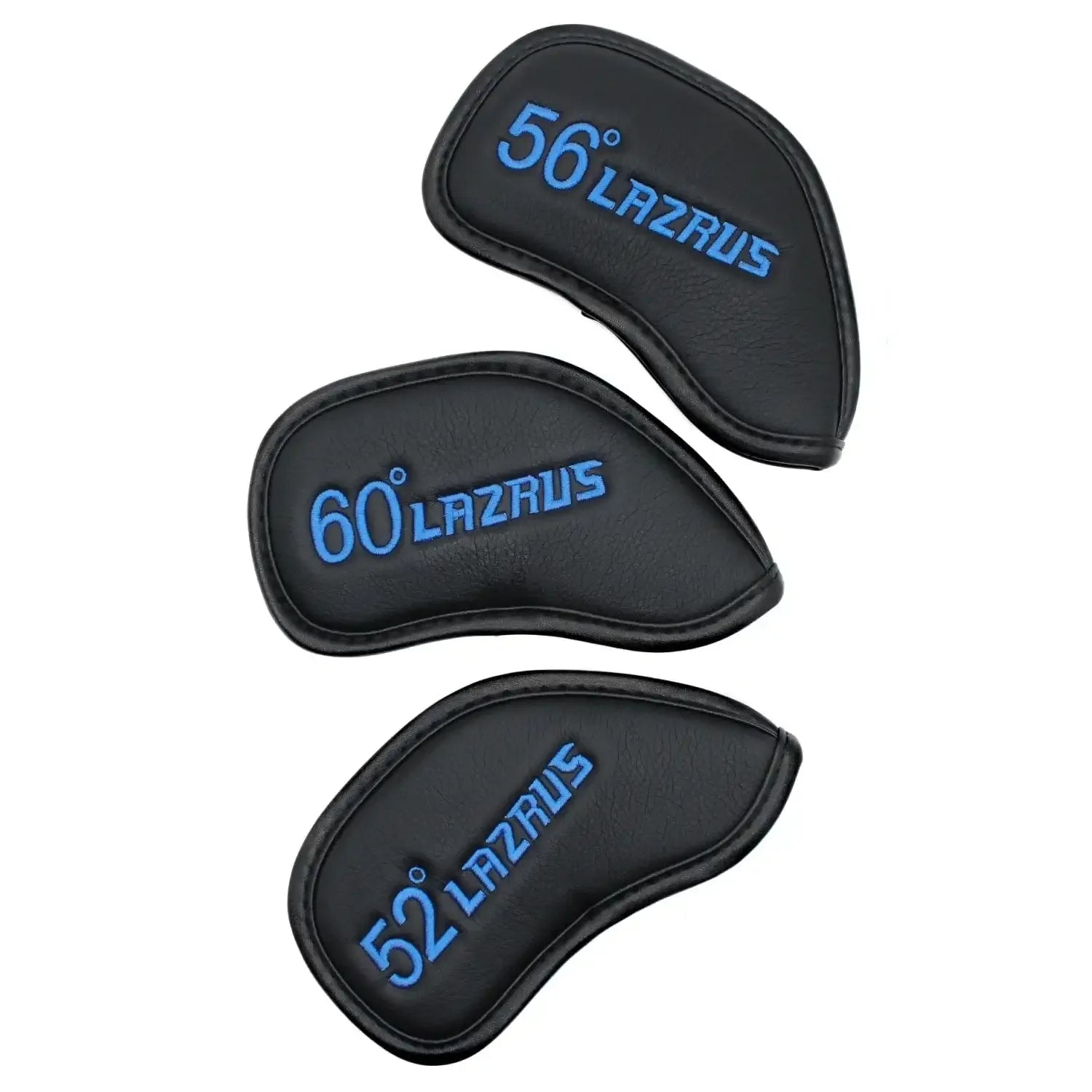 Set of three black Lazrus golf club head covers with 52°, 56°, and 60° embroidered in blue