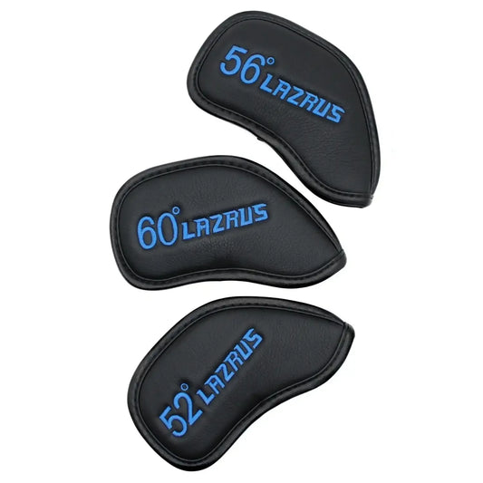 Set of three black Lazrus golf club head covers with 52°, 56°, and 60° embroidered in blue