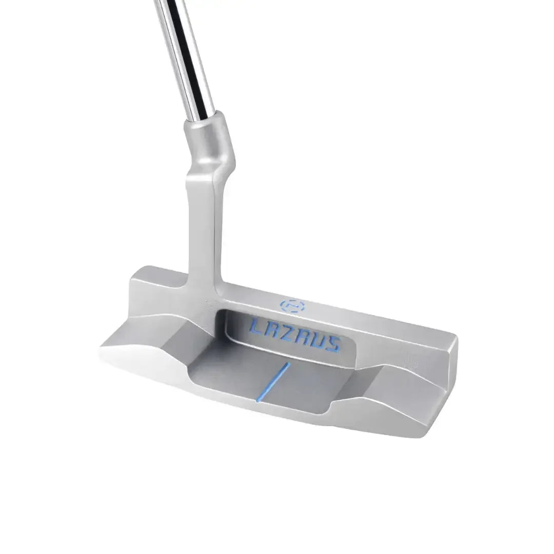 Silver Lazrus golf putter with milled face and blue detail on a white background