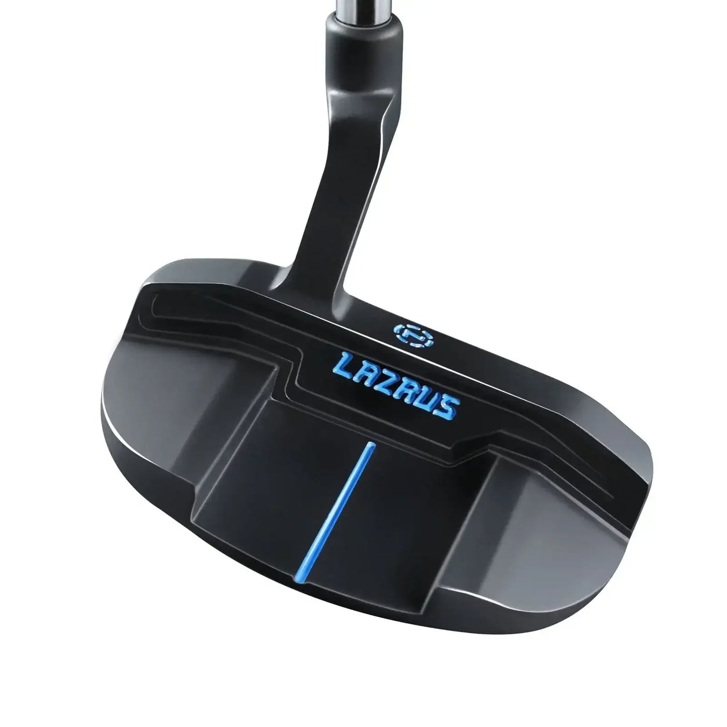 Black Lazrus golf putter with milled face and blue alignment line on white background