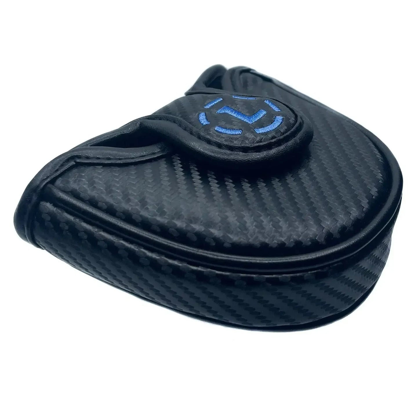Black carbon fiber golf putter headcover with blue stitched logo on white background