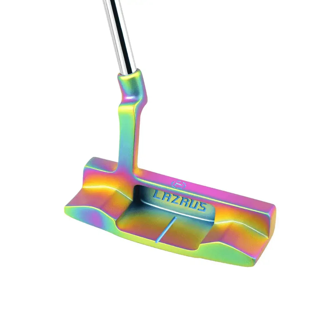 Lazrus premium golf putter with milled face and iridescent finish on white background