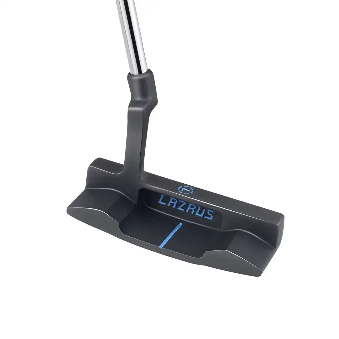 Lazrus black golf putter with milled face and blue logo detail, right and left hand options