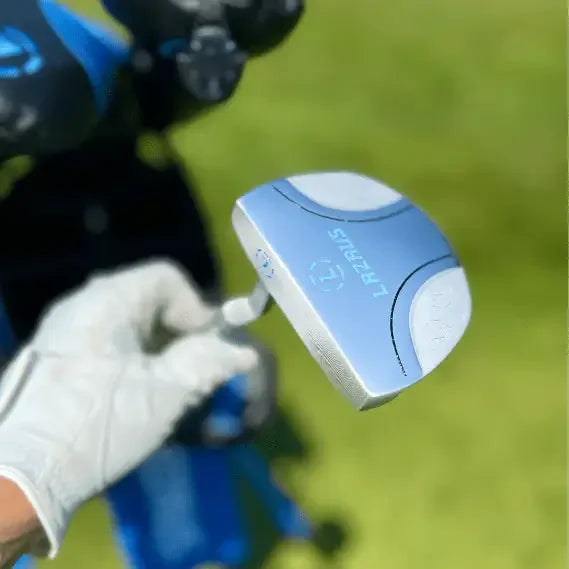Lazrus premium golf putter with milled face and magnetic head cover held by gloved hand on green grass