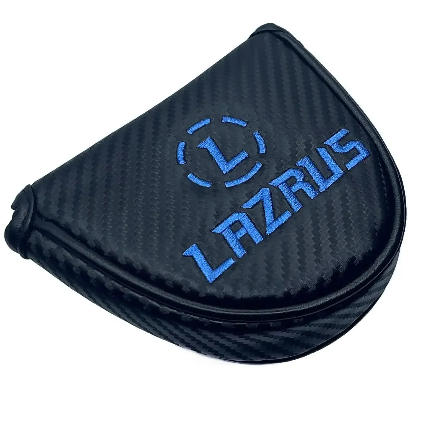 Black carbon fiber golf putter headcover with blue Lazrus logo embroidery
