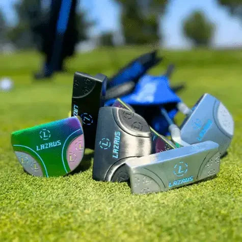 Lazrus golf premium putters with milled faces in various colors displayed on a golf green with blurred background