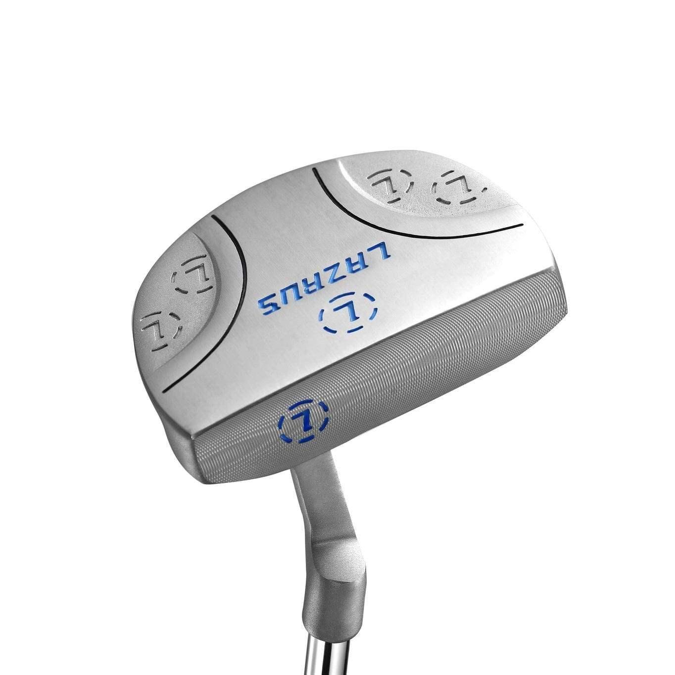Lazrus premium golf putter with milled face and blue logo on stainless steel head