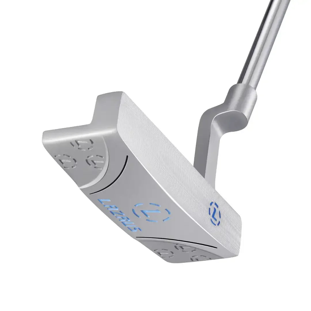 Lazrus premium golf putter with milled face and blue logo on silver metal head