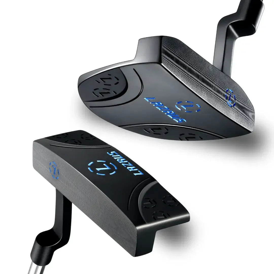 Lazrus premium golf putter with milled face and blue logo, shown from right and left hand angles