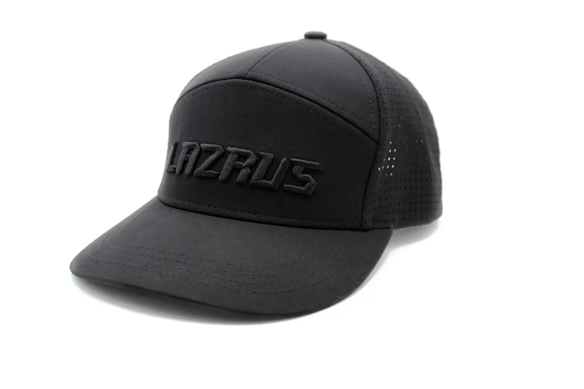 Black Lazrus golf snapback hat with perforated mesh back and embossed logo on front
