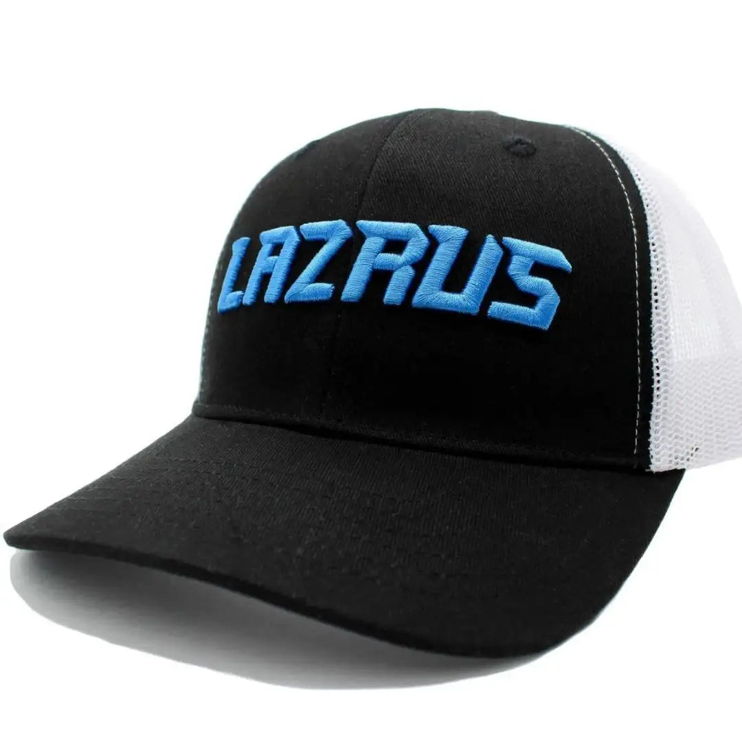 Black and white mesh snapback hat with blue embroidered 'LAZRUS' text on front