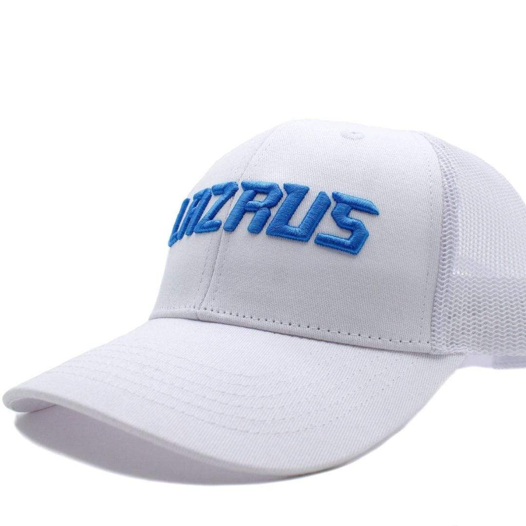 White Lazrus golf snapback hat with blue embroidered logo and mesh back