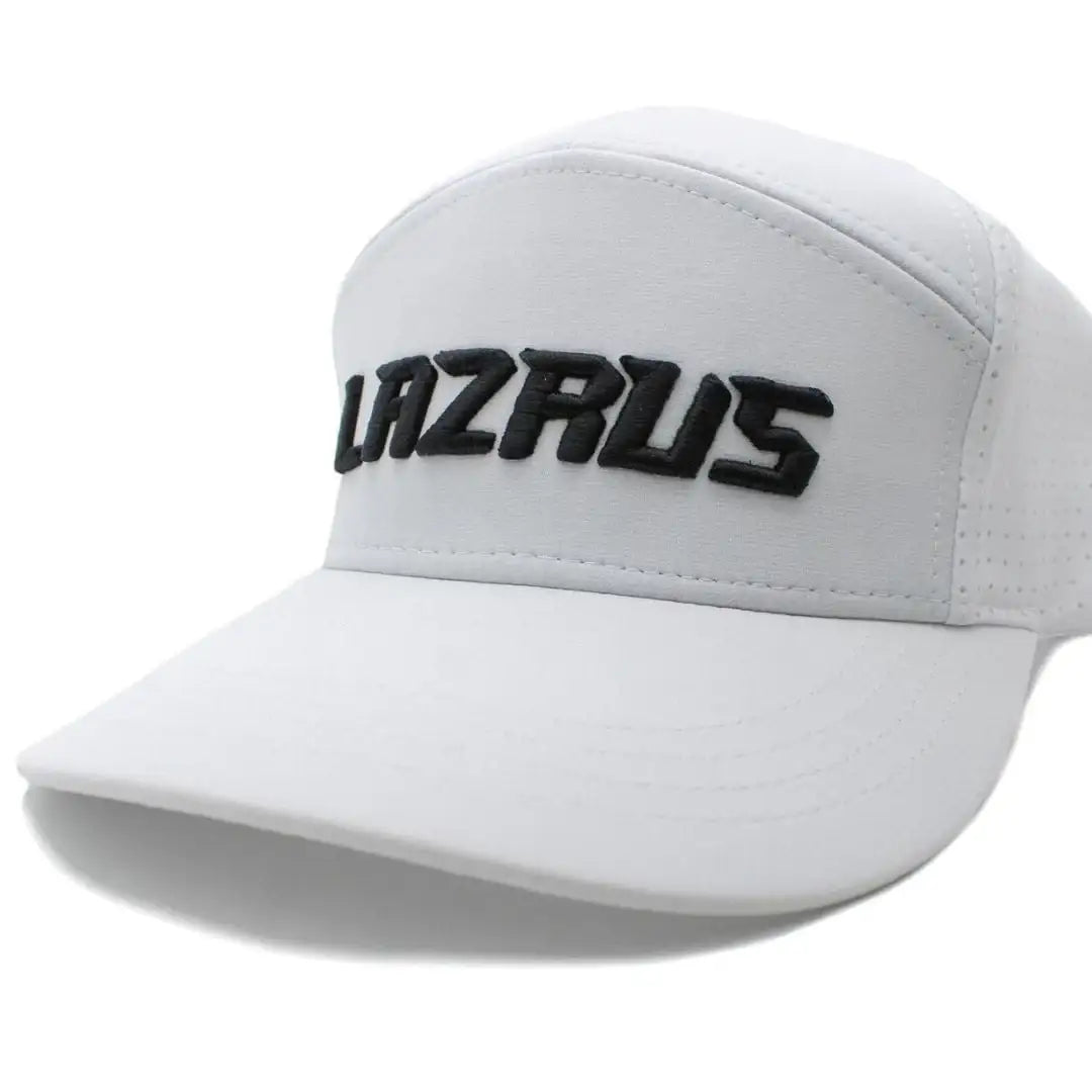 White Lazrus golf snapback hat with black embroidered logo and curved brim