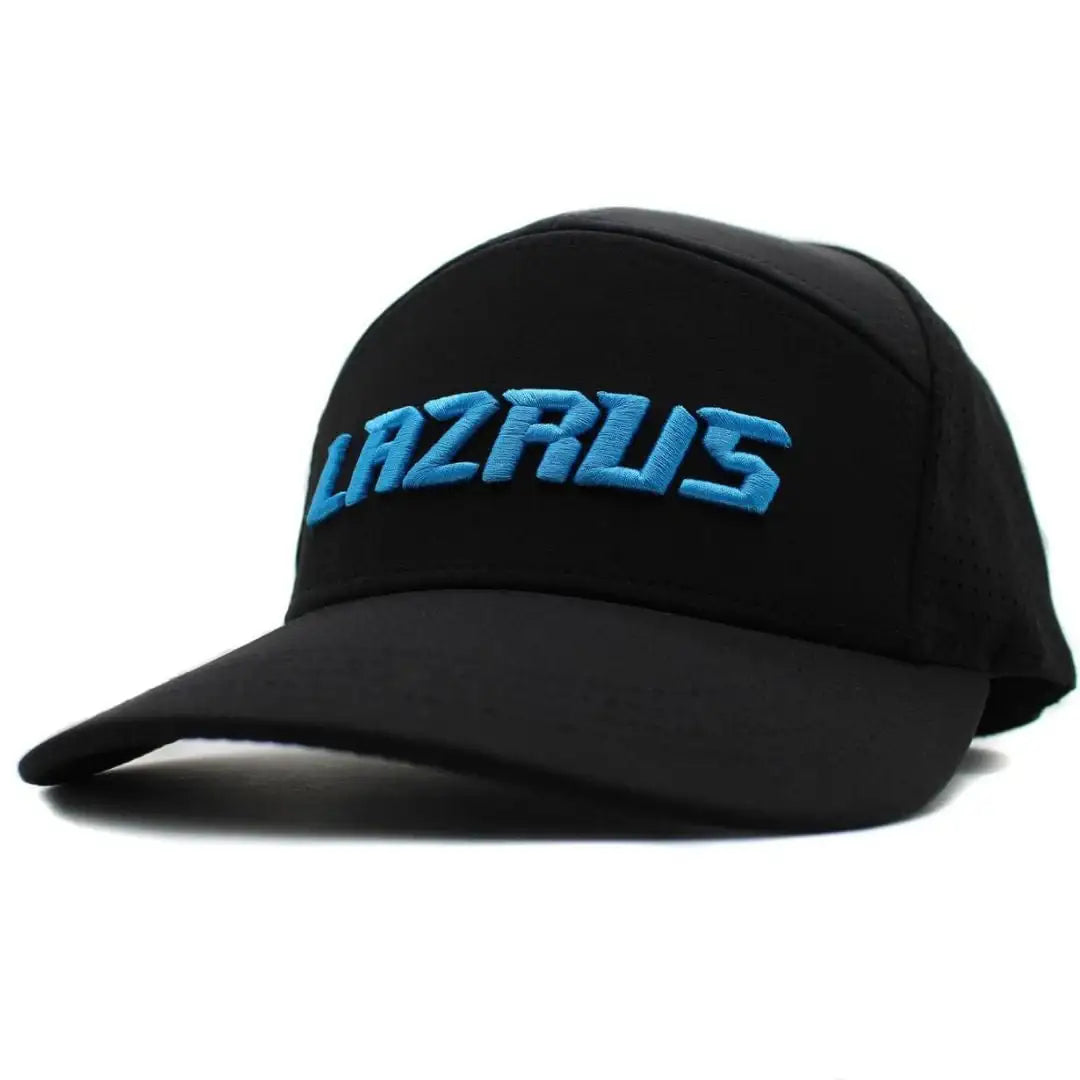 Black Lazrus branded snapback hat with bold blue embroidered text on front panel