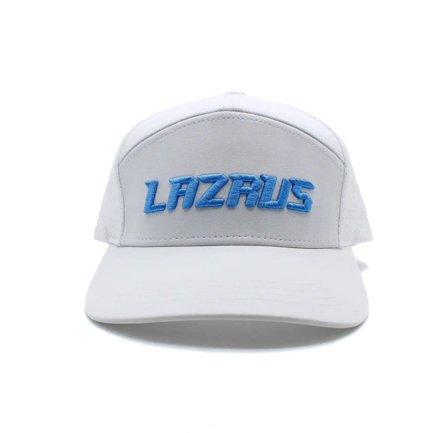Light gray Lazrus golf snapback hat with blue embroidered logo on front panel