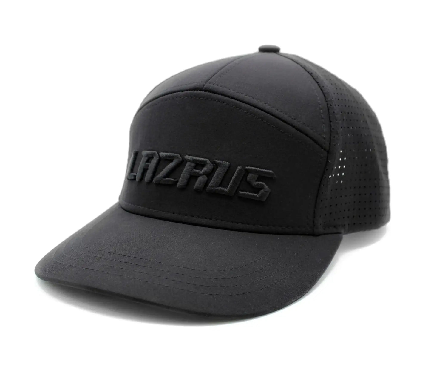 Black Lazrus golf snapback hat with mesh back and embroidered logo on front