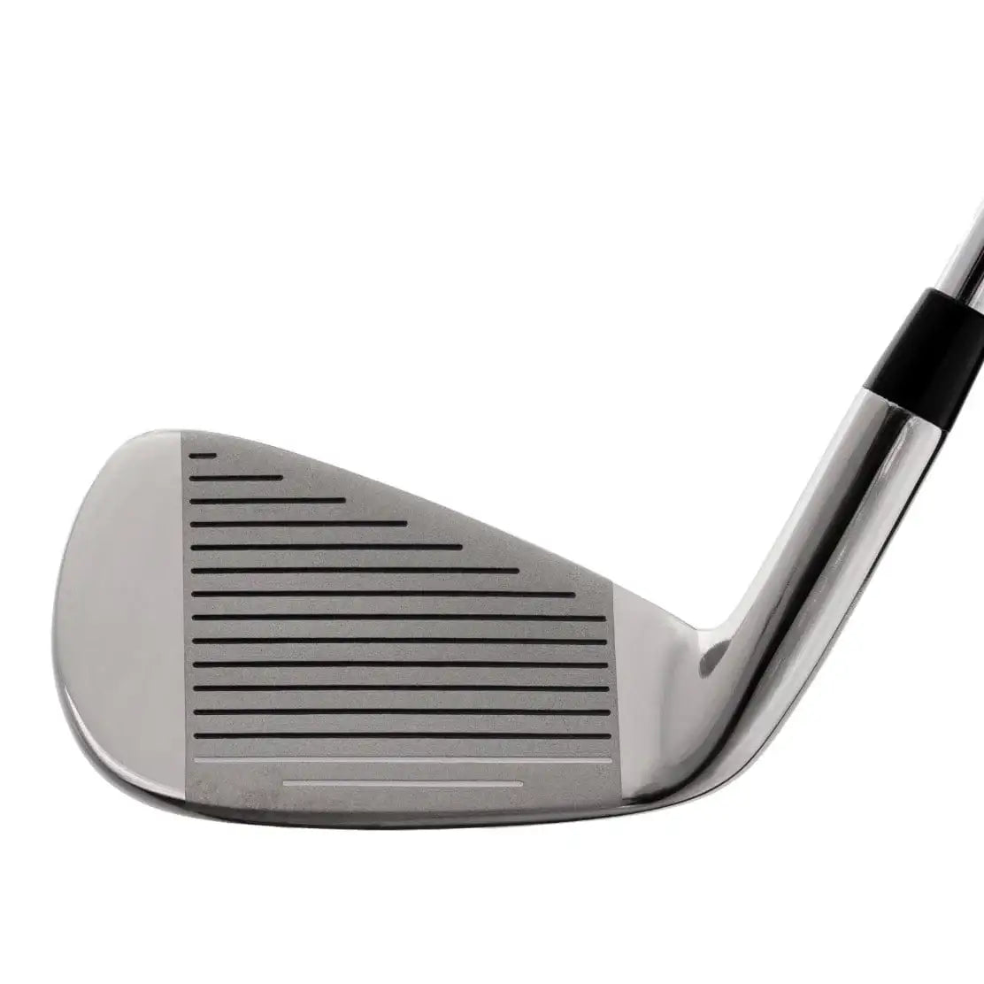 Close-up of a silver golf iron club head with horizontal grooves on a white background